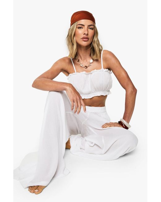 Boohoo White Crinkle Palazzo Beach Co Ord