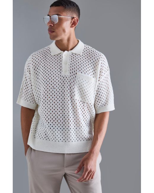 BoohooMAN White Boxy Crochet Dropped Shoulder V Neck Polo In Ecru for men