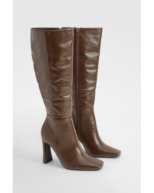 Boohoo Brown Square Toe Flared Heel Knee High Boots