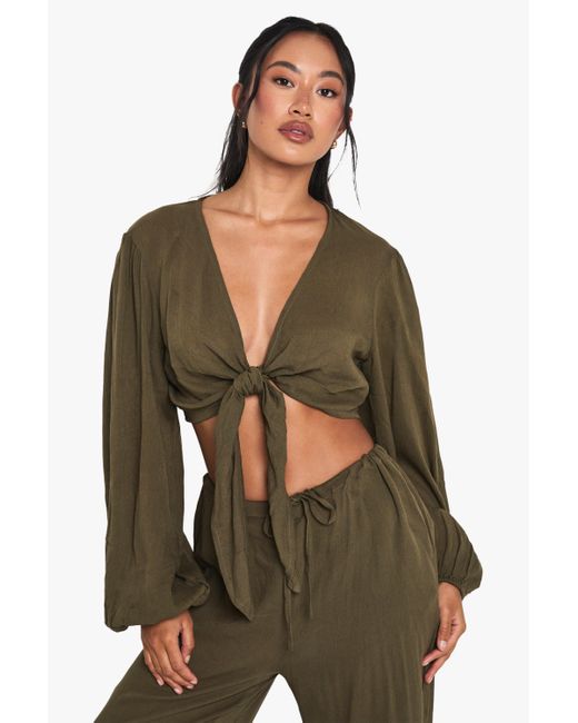 Boohoo Green Cheesecloth Tie Front Beach Top