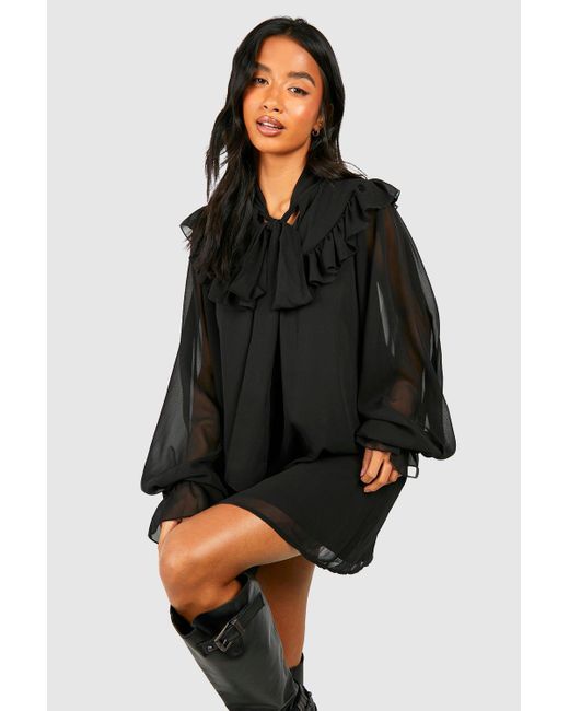 Boohoo Black Petite Tie Neck Volume Sleeve Woven Mini Dress