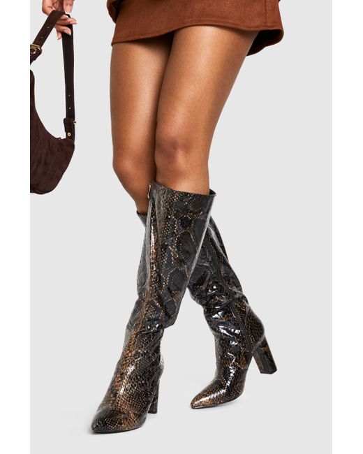 Boohoo Black Snakeskin Pointed Toe Knee High Boots