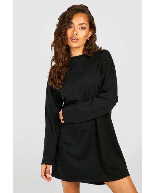 Boohoo Black Oversized Long Sleeve Dipped Hem T-shirt Dress