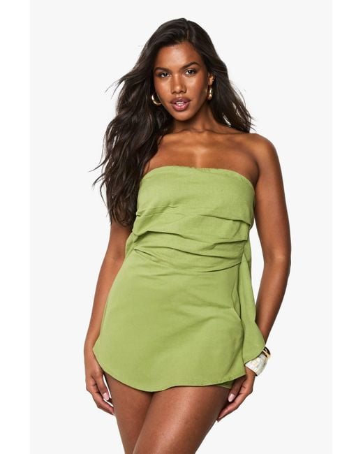 Boohoo Green Linen Ruched Bandeau Skort Playsuit