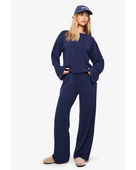 Boohoo Blue Crinkle Oversized Top And Wide Leg Trouser Co-Ord Set