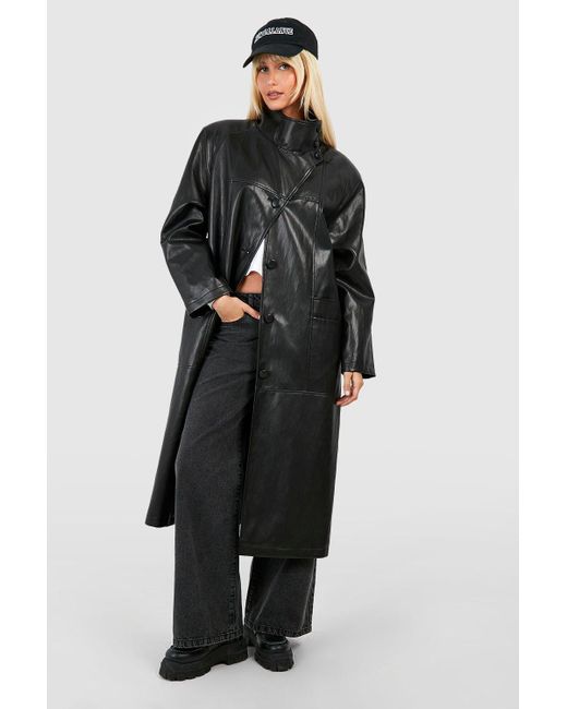 Boohoo Black Faux Leather Maxi Button Detail Trench Coat