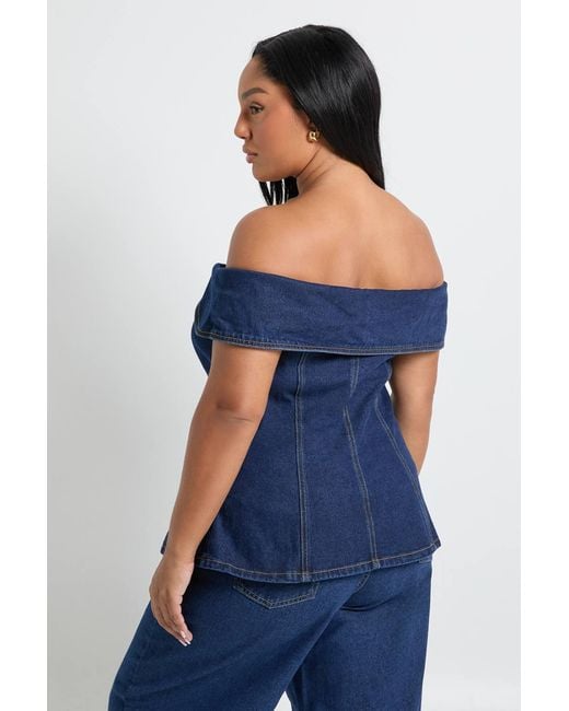 Boohoo Blue Plus Bardot Button Down Denim Top