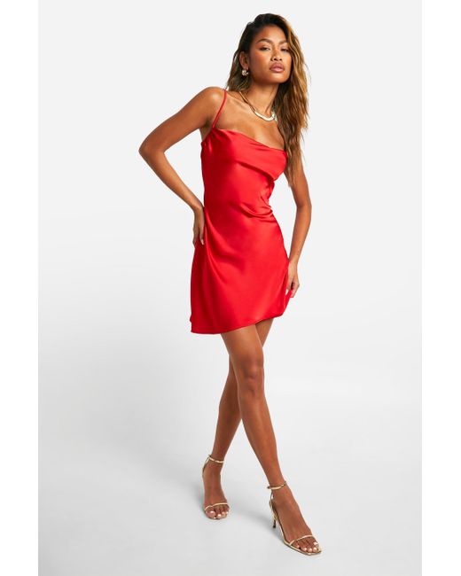 Boohoo Red Satin Cowl Mini Slip Dress