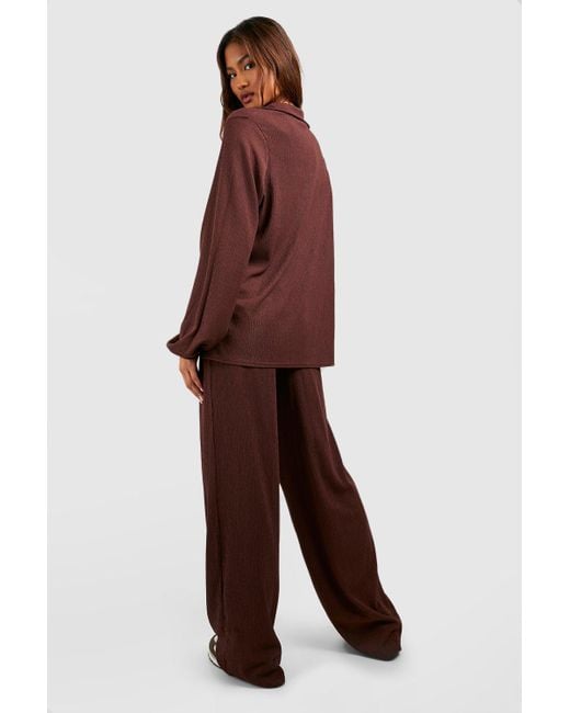 Boohoo Brown Tall Textured Relaxed Open Collar Top And Wide Leg Trouser