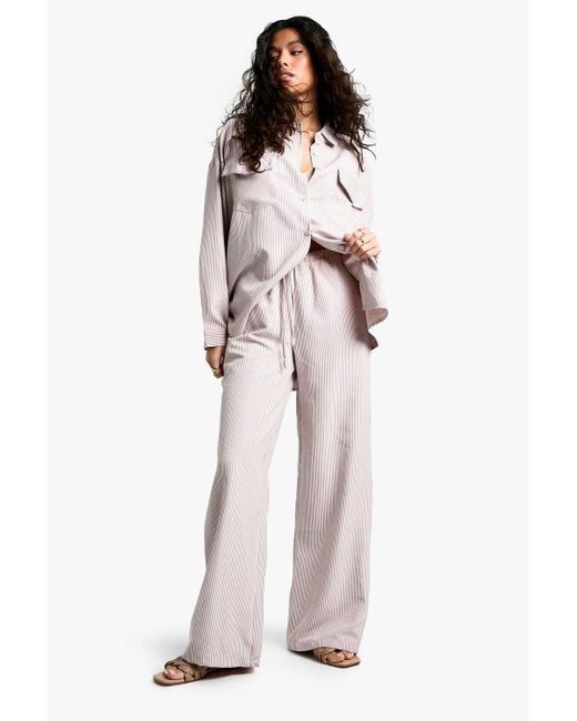 Boohoo White Striped Peached Drawstring Waist Wide Leg Trouser