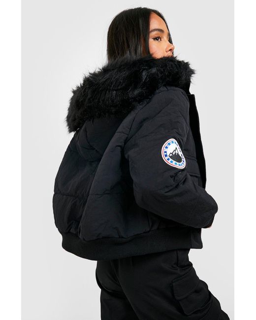 Boohoo Black Petite Luxe Faux Fur Hood Sporty Cropped Coat