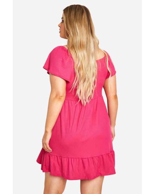 Boohoo Pink Plus Soft Rib Wrap Tiered Smock Dress