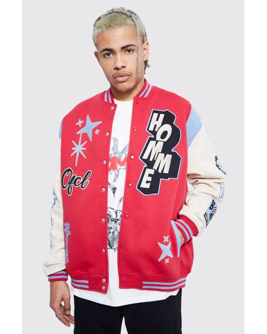 BoohooMAN Tall Oversized Homme Varsity Jersey Jacket in Red for Men Lyst