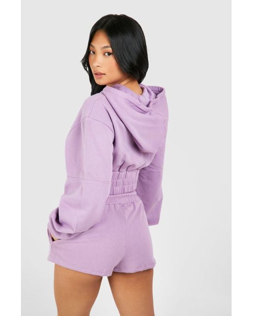 Boohoo Purple Petite Dsgn Applique Cropped Hoodie Washed Short Tracksuit