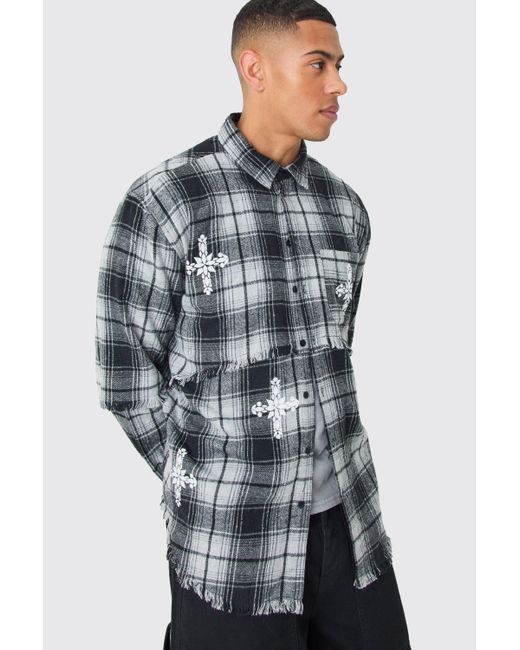 BoohooMAN Oversized Layered Print Check Shirt in Gray für Herren