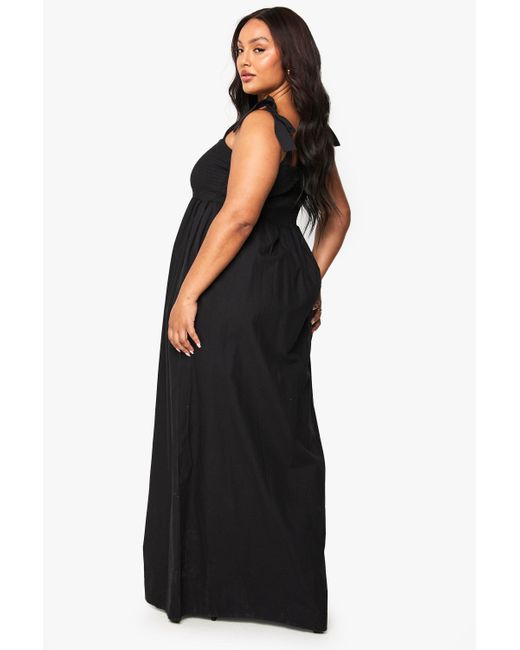 Boohoo Black Plus Cotton Poplin Tie Shoulder Maxi Dress