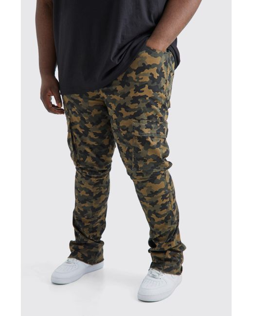 BoohooMAN Black Plus Skinny Stacked Flare Gusset Camo Cargo Trouser for men
