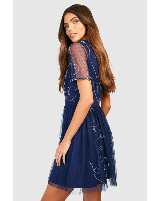 Boohoo Boutique Embellished Skater Dress in Blue | Lyst