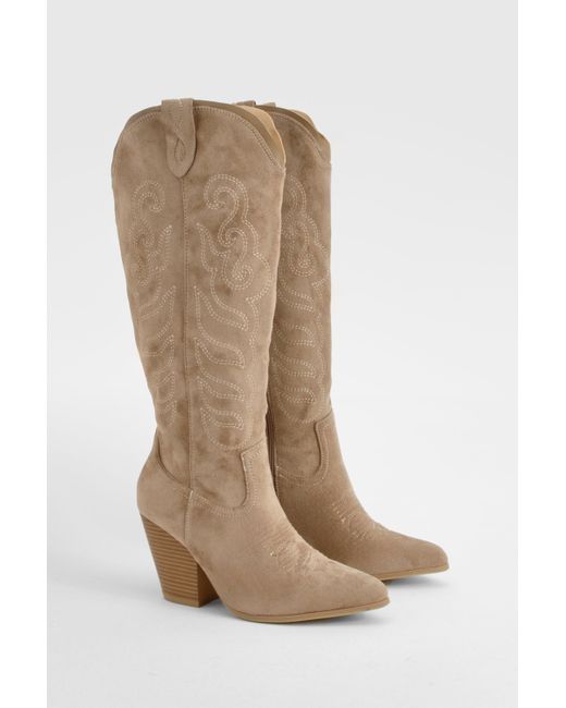 Embroidered Knee High Western Cowboy Boots Boohoo de color Natural
