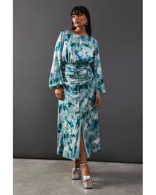 Warehouse Gray Print Satin Ruched Front Midi Dress