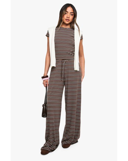 Boohoo Brown Striped Mid Rise Wide Leg Trouser