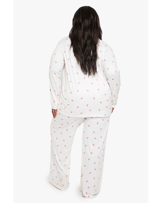 Boohoo White Plus Bow Print Trouser Pj Set