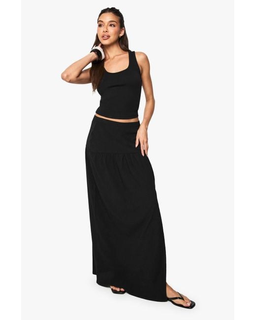 Boohoo Black Textured Split Front Tiered Maxi Skirt