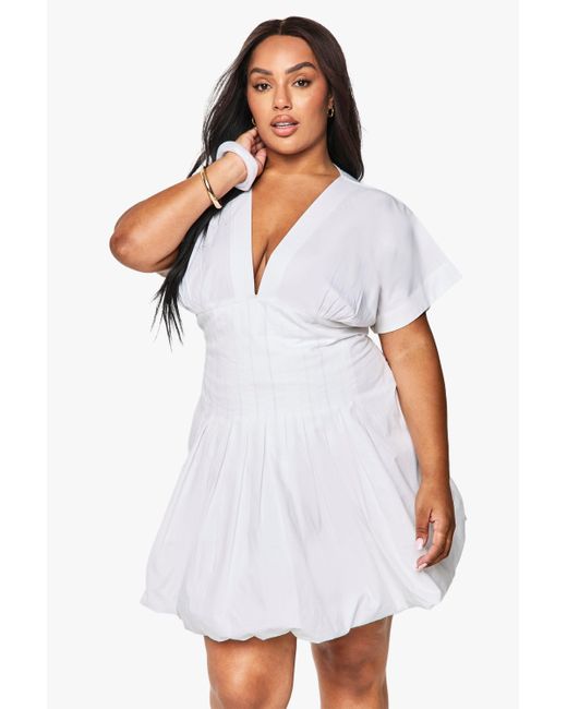 Boohoo White Plus Poplin Panelled Bubble Hem Mini Dress