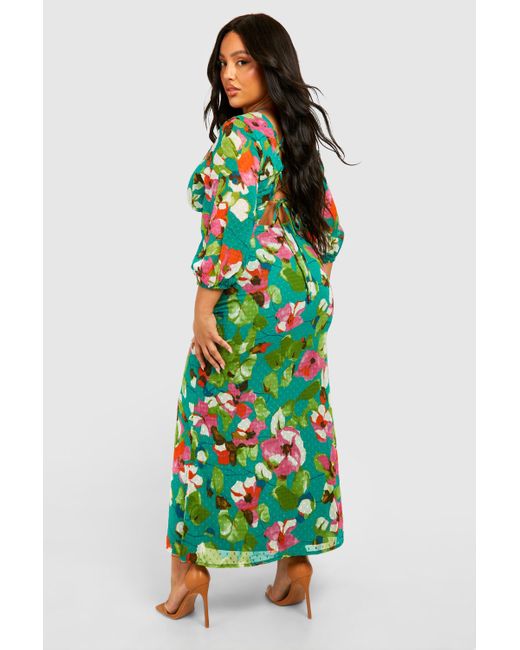 Boohoo Green Plus Woven Floral Print Plunge Long Sleeve Midaxi Dress