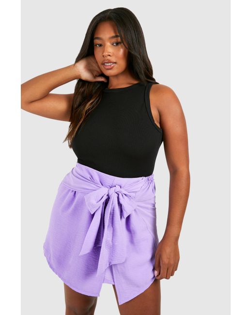 Boohoo Purple Plus Textured Woven Bow Detail Mini Skirt