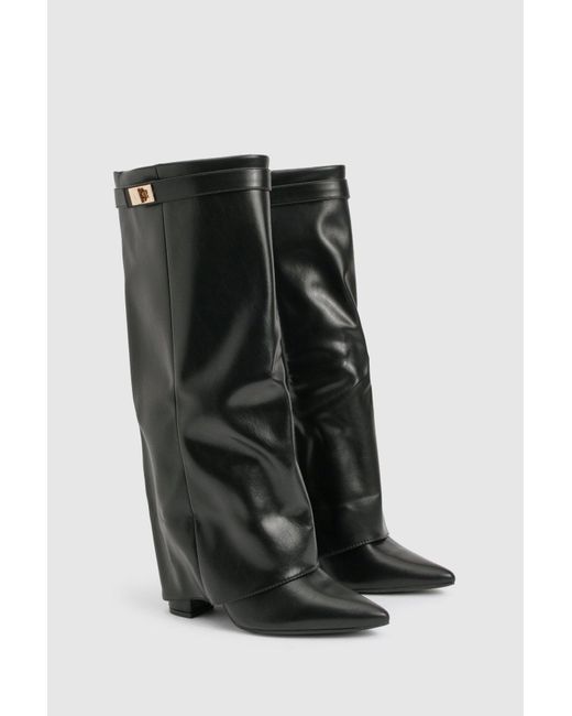 Boohoo Black Knee High Fold Over Buckle Boots