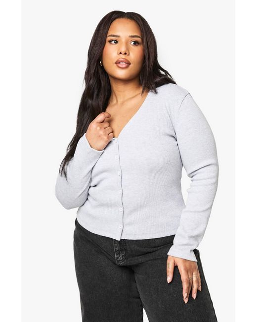 Boohoo White Plus V Neck Ribbed Button Down Top