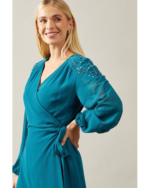 Wallis Blue Petite Occasion Embellished Sequin Shoulder Wrap Midi Dress