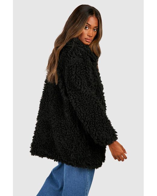 Boohoo Black Textured Collared Faux Fur Coat