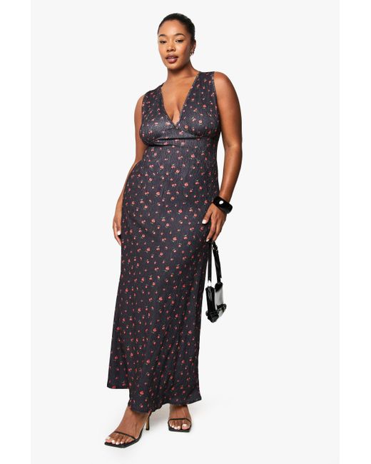 Boohoo Blue Plus Printed Treebark Fit And Flare Midaxi Dress