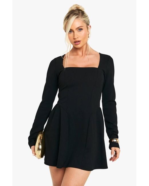 Boohoo Black Long Sleeve Square Neck Full Skirt Mini Dress