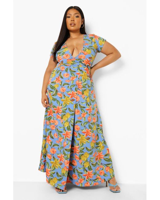 Boohoo Plus Floral Print Wrap Front Maxi Dress in Blue - Lyst