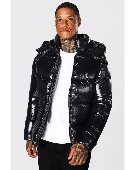 Regular Fit High Shine Puffer Jacket In Black Boohoo