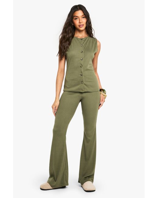 Conjunto De Pantalón Y Top Sin Mangas De Canalé Con Botones Boohoo de color Green