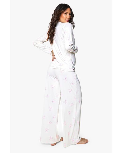 Boohoo White Maternity Bear Print Shirt & Trouser Pj Set
