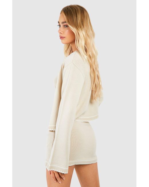 Boohoo White Contrast Stitch 3 Piece Knitted Cardigan, Crop Top And Mini Skirt Set