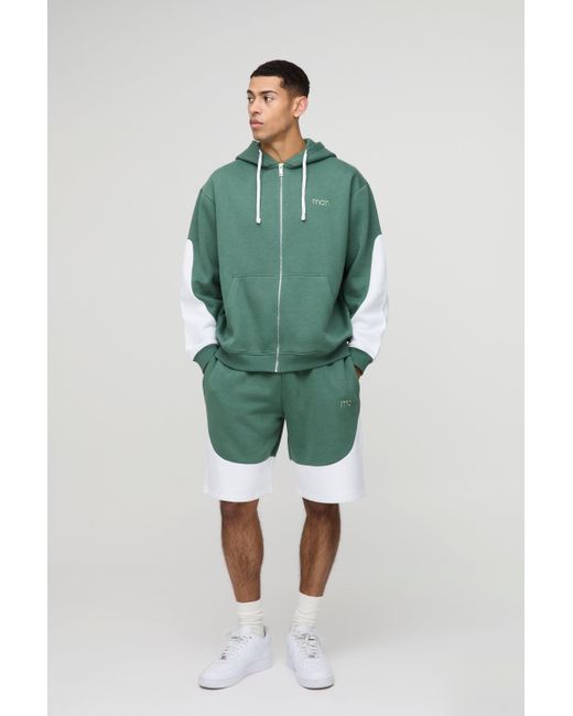 BoohooMAN Green Oversized Man Colour Block Short Zip Hooded Tracksuit for men