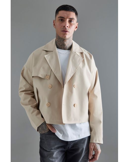 BoohooMAN Gray Tall Cropped Double Breasted Trench Coat for men