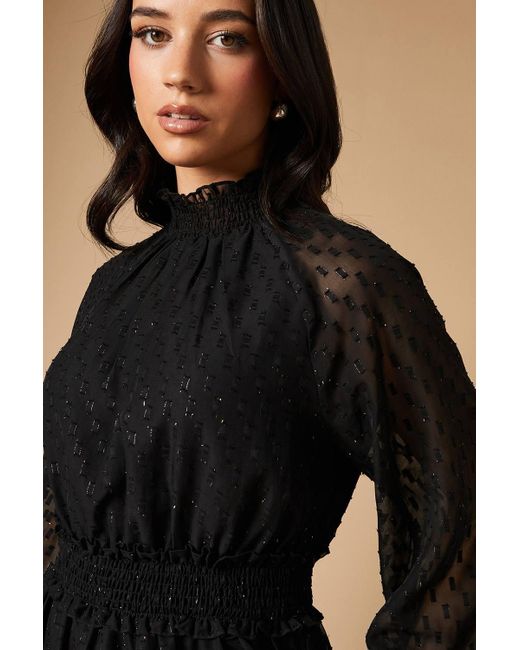 Oasis Black Occasion Metallic High Neck Ruffle Midaxi Dress