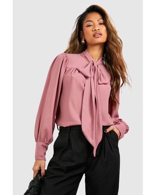 Boohoo Pink Woven Puff Sleeve Tie Neck Blouse