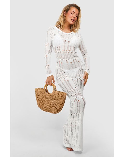 Boohoo White Ladder Crochet Open Back Beach Maxi Dress