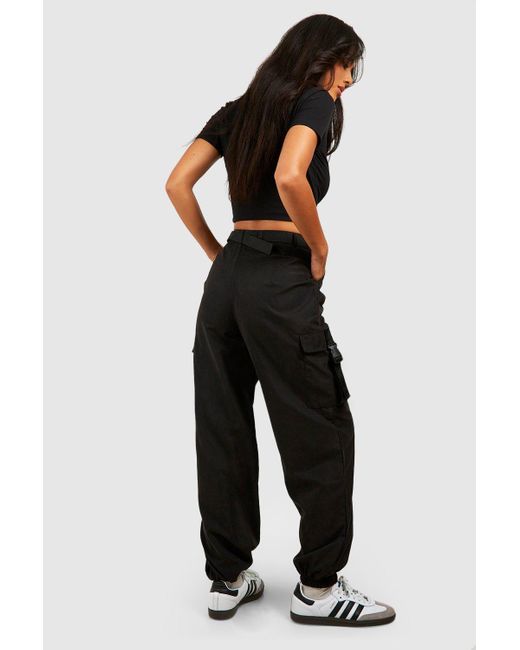 Boohoo Black Buckle Detail Belted Cargo Trousers