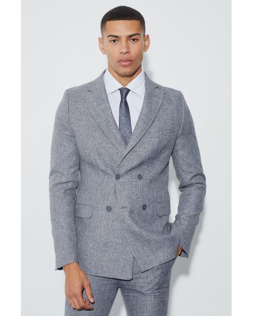 BoohooMAN Gray Skinny Fit Double Breasted Boucle Blazer for men