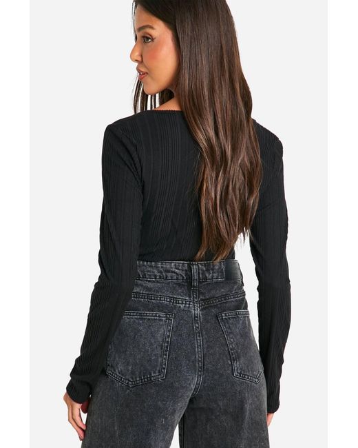 Boohoo Black Brushed Rib Square Neck Button Top