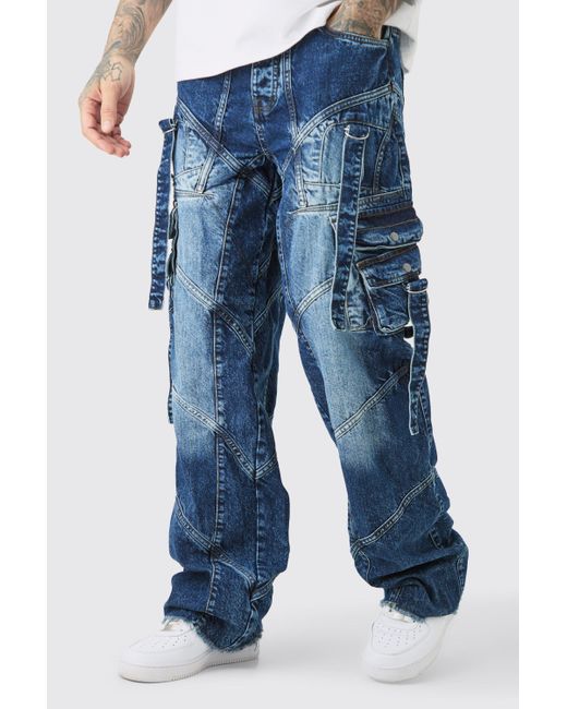 BoohooMAN Blue Tall Baggy Rigid Strap And Buckle Detail Jeans for men